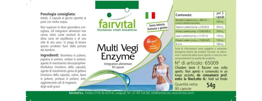 Multi Vegi Enzyme - 90 Kapseln - 100% pflanzlicher Enzymkomplex mit Bromelain, Papain, Lipase, Rutin - Vegan | Fairvital