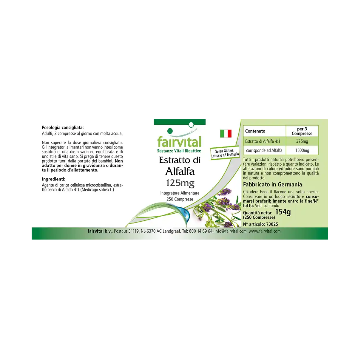Alfalfa Extrakt 125mg -  Medicago sativa (Luzerne) - 250 Tabletten -  Hochdosiert und Vegan | Fairvital