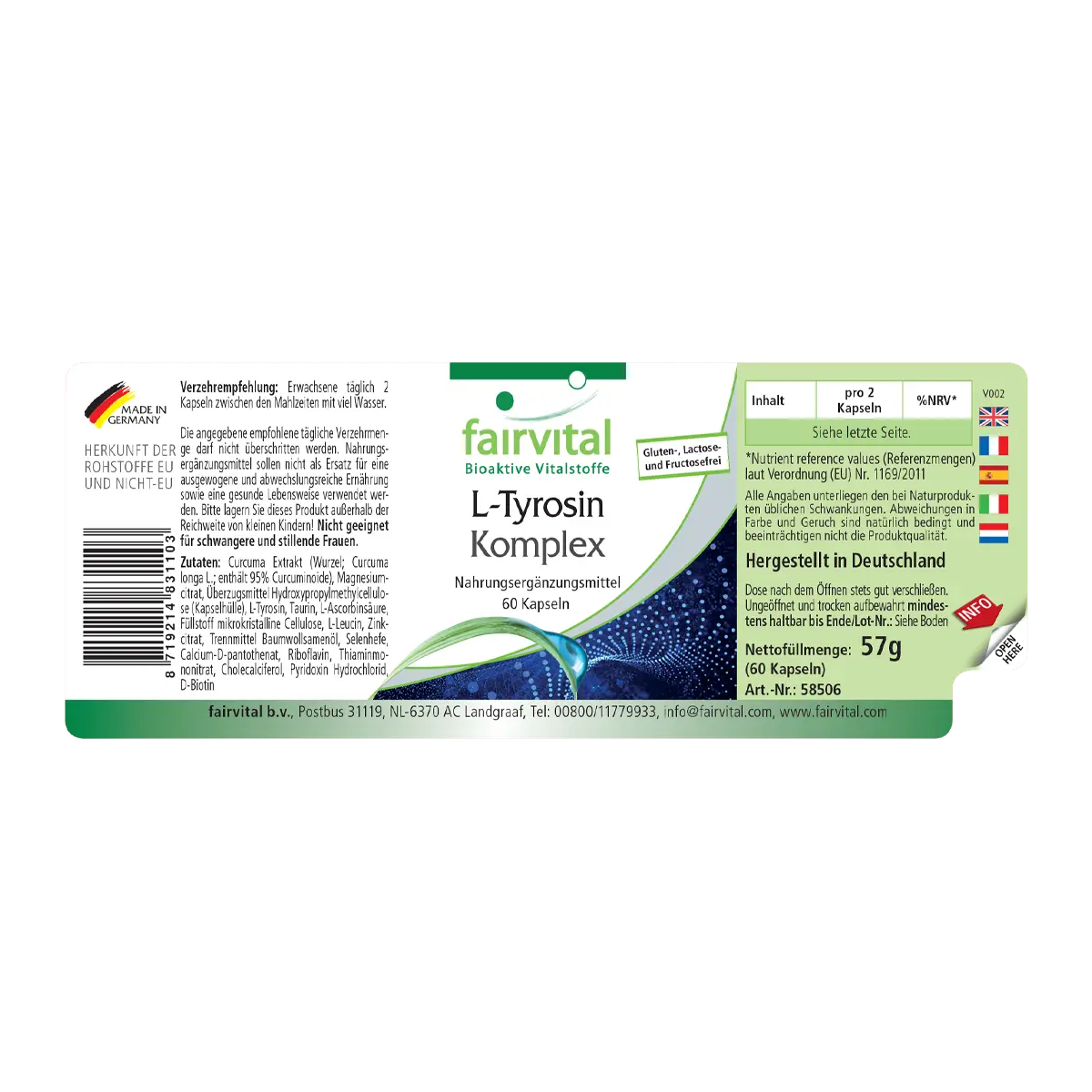 L-Tyrosin Komplex - 60 Kapseln - mit Curcumin, Taurin, B-Vitaminen und Mineralstoffen | Fairvital L-Tyrosin Komplex - 60 Kapseln - mit Curcumin, Taurin, B-Vitaminen und Mineralstoffen | Fairvital