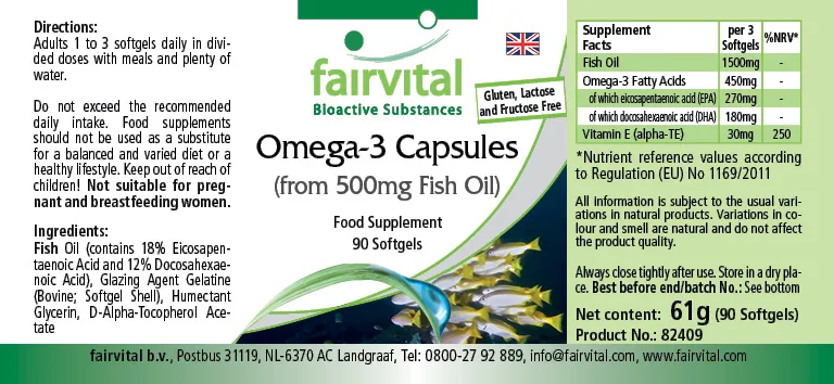 Omega-3-Kapseln aus 500mg Fischöl - 90 Softgels - für Blutdruck, Herz und Zellschutz | Fairvital