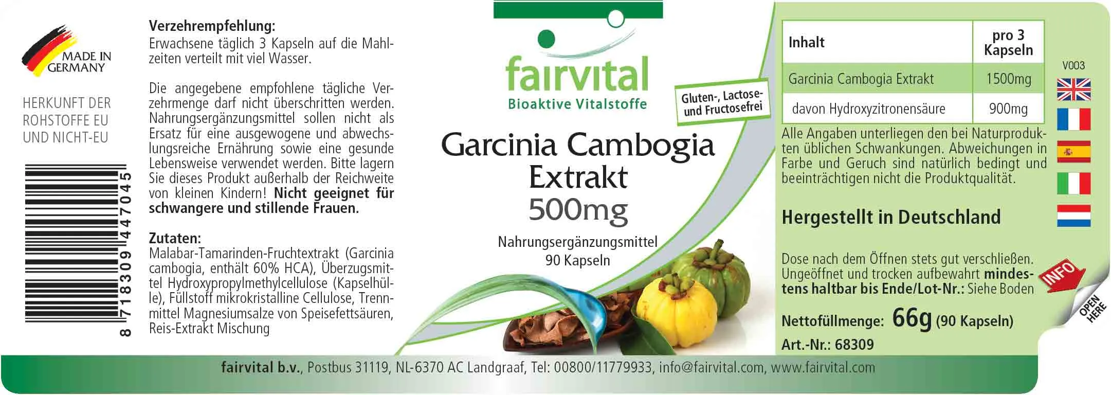 Garcinia Cambogia Extrakt 500mg - 90 Kapseln - mit 60% Hydroxycitronensäure - Vegan | Fairvital