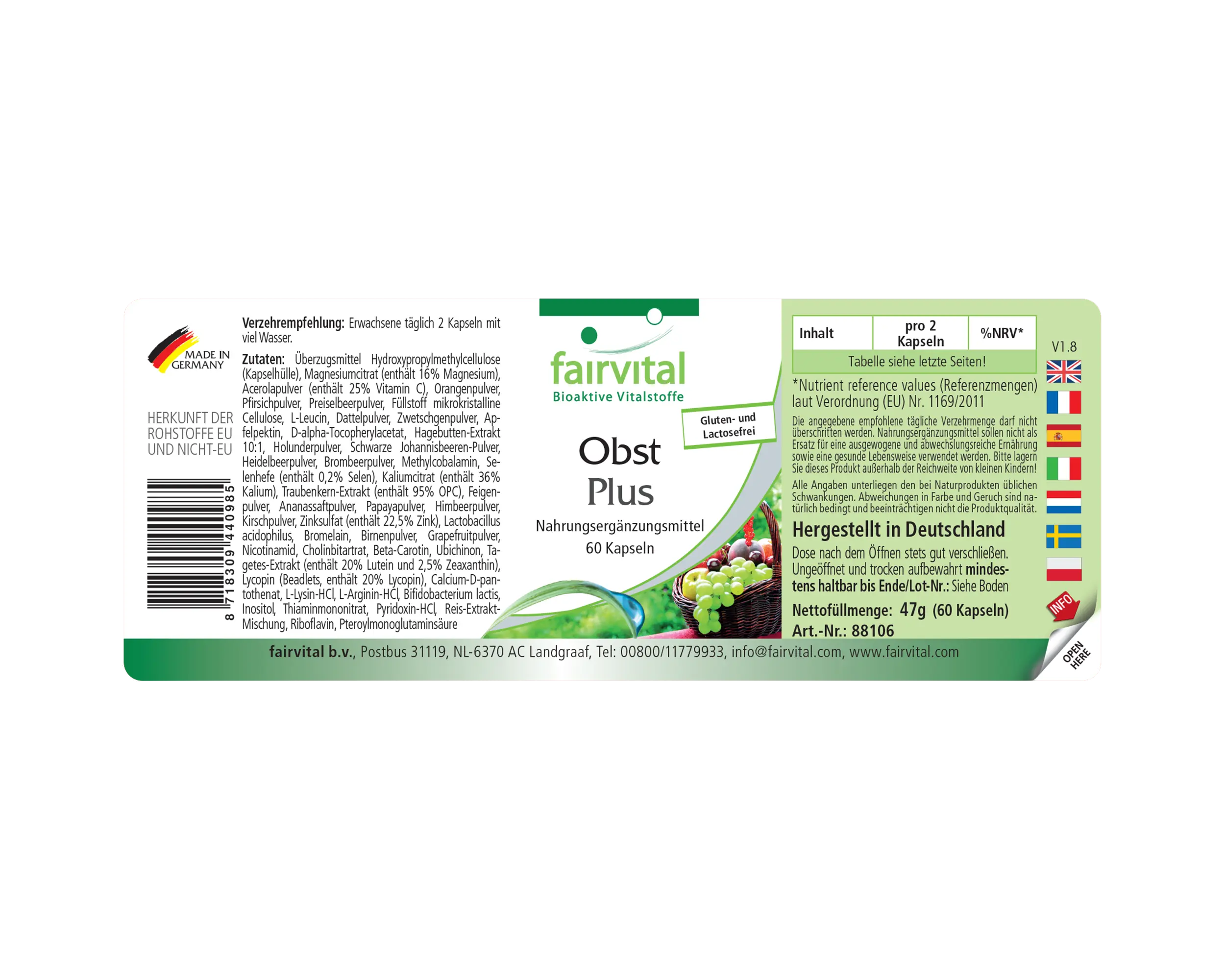 Obst Plus - 60 Kapseln - mit Zink, Vitamin B12, Selen uvm. - für Immunsystem, Zellschutz uvm. - Vegan | Fairvital