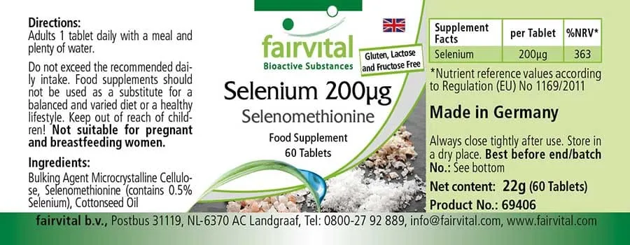 Selen 200µg Selenomethionin - 60 Tabletten - für Schilddrüse, Haare, Immunsystem - Hochdosiert und Vegan | Fairvital