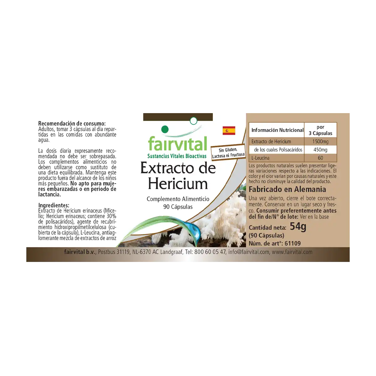 Hericium Extrakt 500mg  - 90 Kapseln - Hericium erinaceus (Igelstachelbart) - 30% Polysaccharide - Vegan | Fairvital