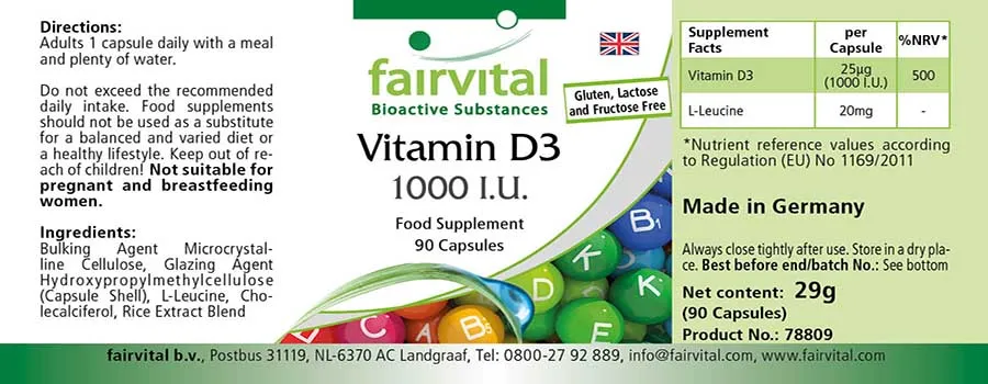 Vitamin D3 1000 I.E. - 90 Kapseln - für Immunsystem, Zellteilung, Muskelfunktion uvm. | Fairvital