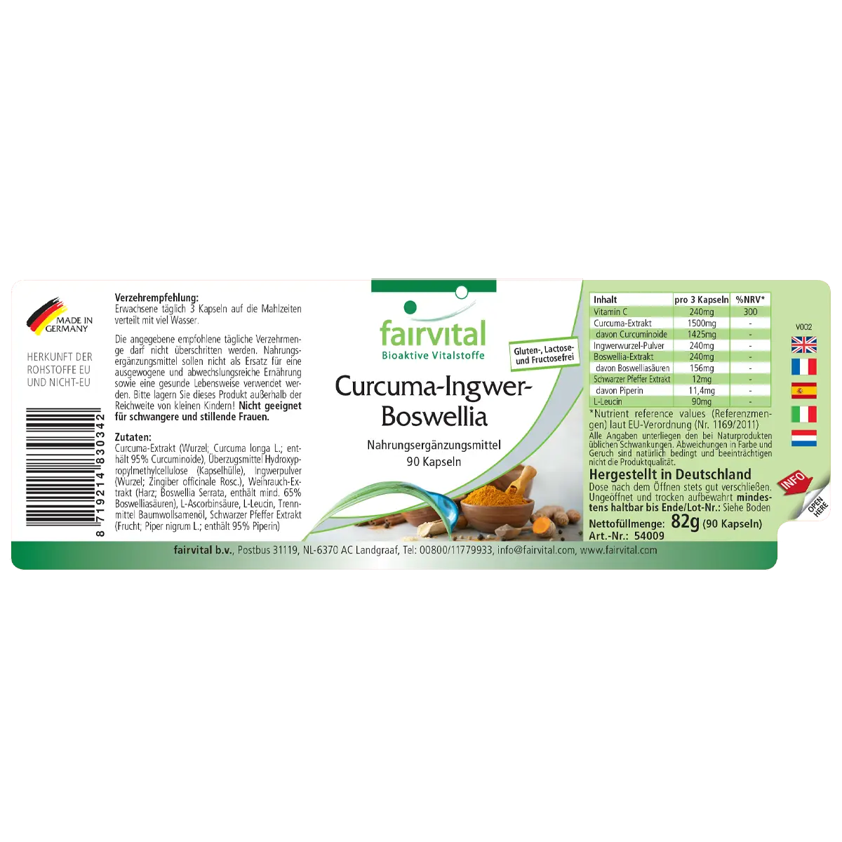 Curcuma - Ingwer - Boswellia - 90 Kapseln - mit Vitamin C - für Immunsystem, Kollagenbildung uvm. - Vegan | Fairvital