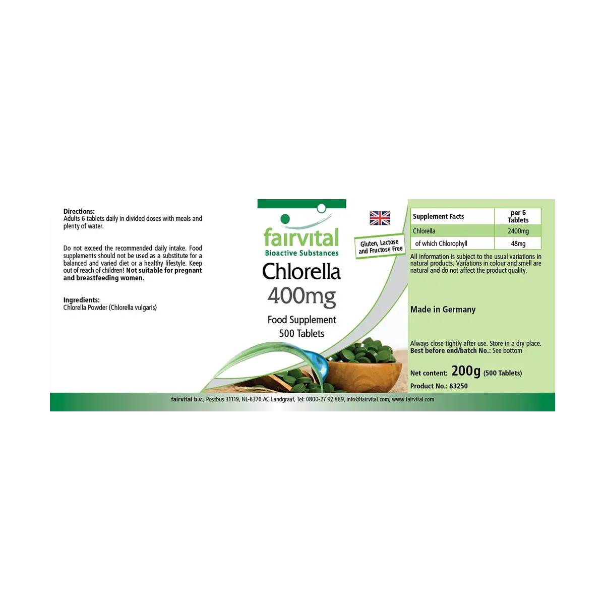 Chlorella 400mg - 500 Tabletten - 100% Chlorella-Algenpulver (Chlorella vulgaris) - Hochdosiert und Vegan | Fairvital