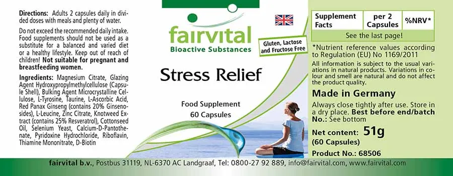 Stress Relief -  60 Kapseln - mit B-Vitaminen, Vitamin C, Zink uvm. - für Nervensystem, Zellschutz uvm. | Fairvital