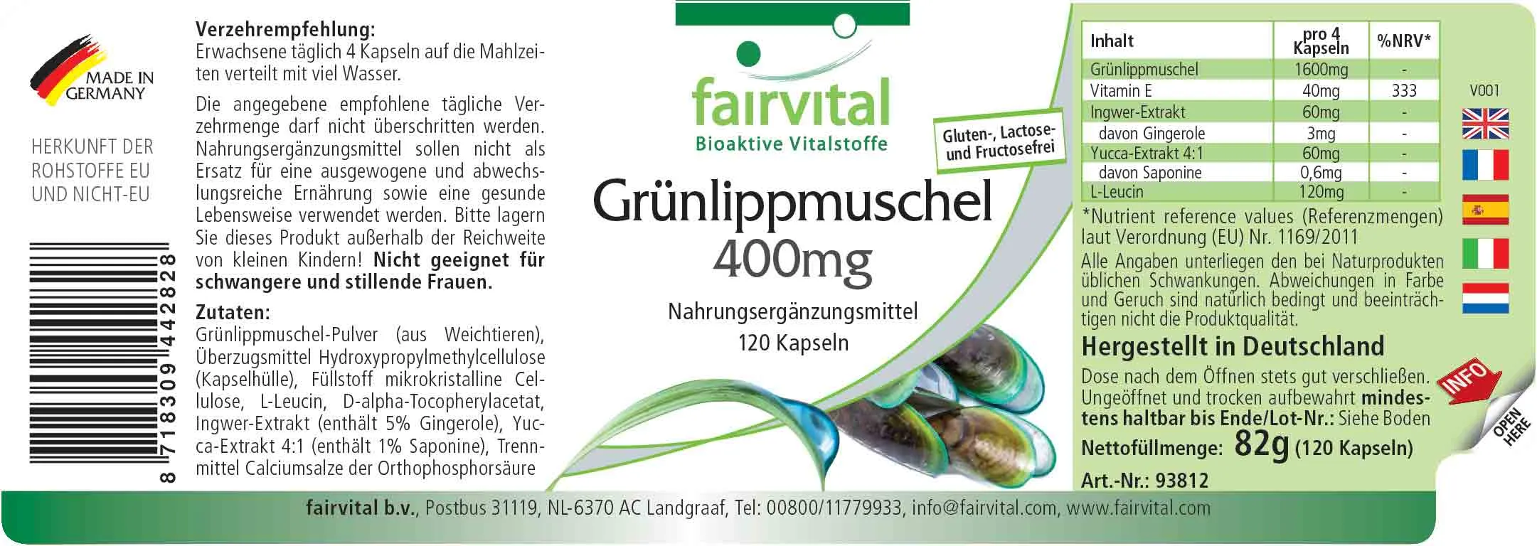 Grünlippmuschel 400mg - 120 Kapseln - mit Vitamin E - Hochdosiert | Fairvital