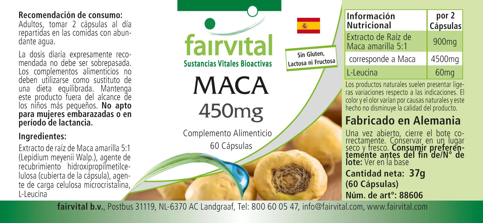 MACA 450mg - 60 Kapseln - 4-fach konzentrierter Wurzelextrakt - Hochdosiert und Vegan | Fairvital