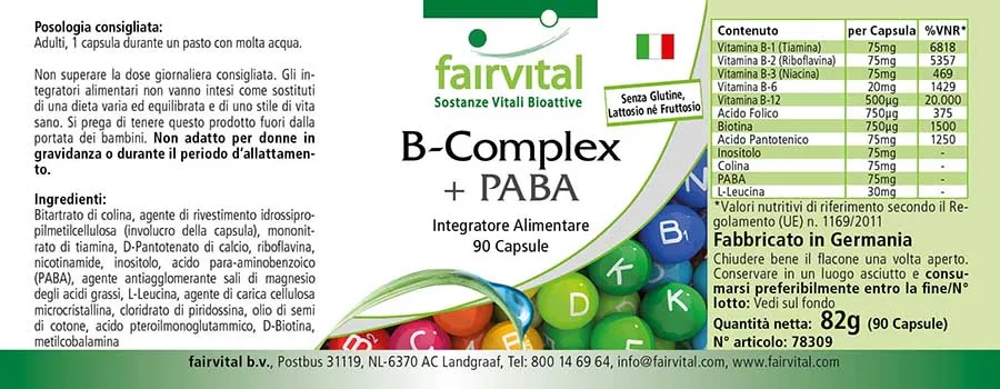B-Komplex mit PABA - 90 Kapseln - mit allen B-Vitaminen (B6, B12,...) - für Immunsystem, Haut uvm. | Fairvital