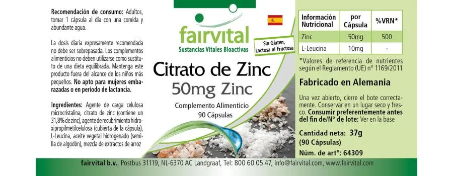 Zinkcitrat mit 50mg Zink - für Immunsystem, Haare, Haut, Sehkraft uvm. - Vegan | Fairvital