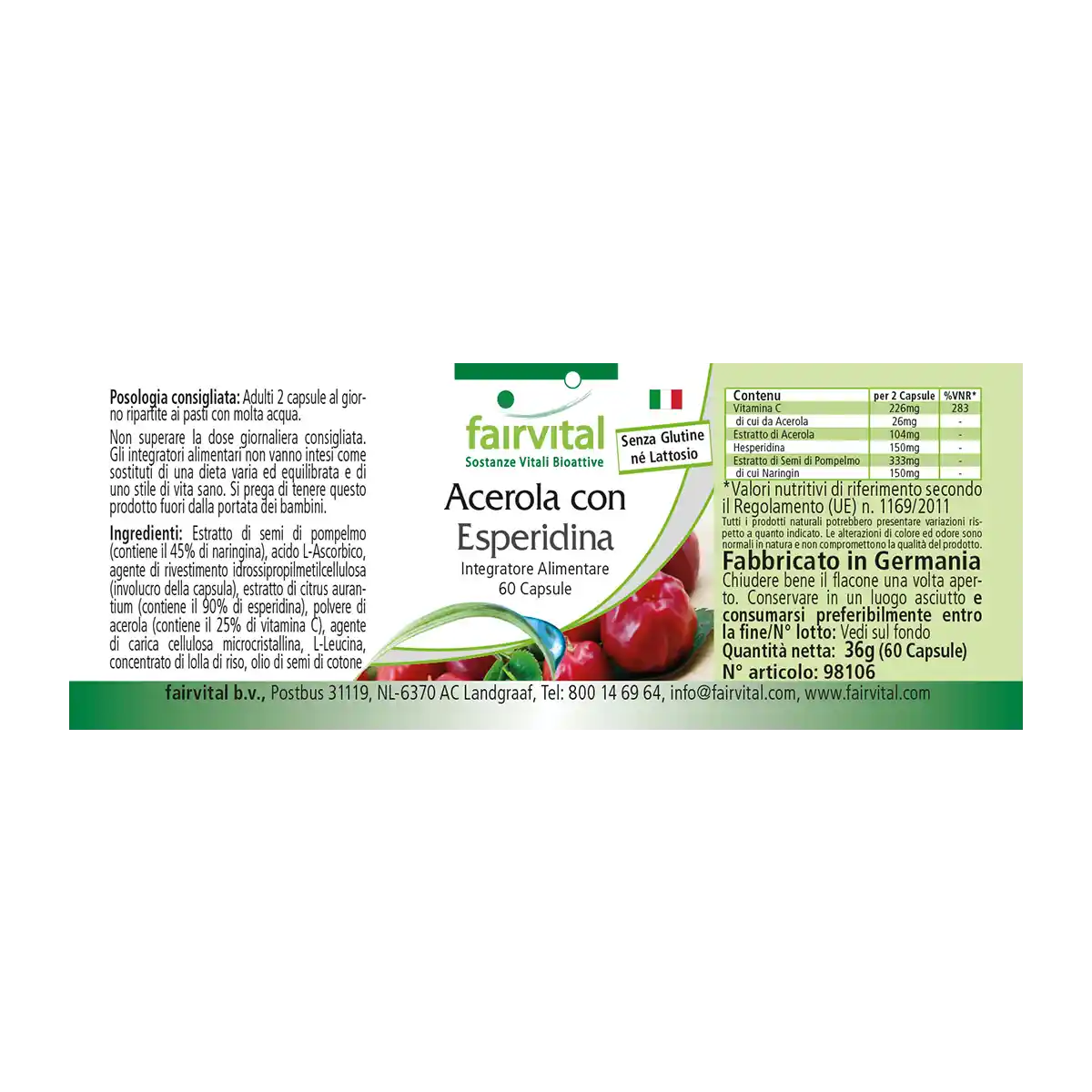 Acerola mit Hesperidin und Vitamin C-60 Kapseln - Hochdosiert und Vegan | Fairvital