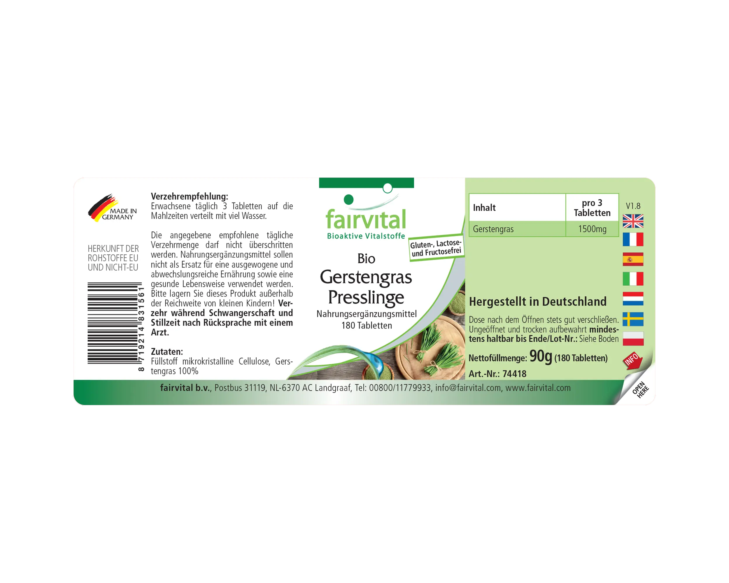 Bio Gerstengras Presslinge - 180 Tabletten  - Hoch bioverfügbar - Hochdosiert und Vegan | Fairvital