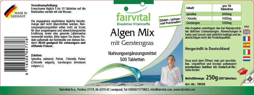 Algen Mix mit Spirulina, Chlorella und Gerstengras - 500 Tabletten - Hochdosiert und Vegan | Fairvital Algen Mix mit Spirulina, Chlorella und Gerstengras - 500 Tabletten - Hochdosiert und Vegan | Fairvital