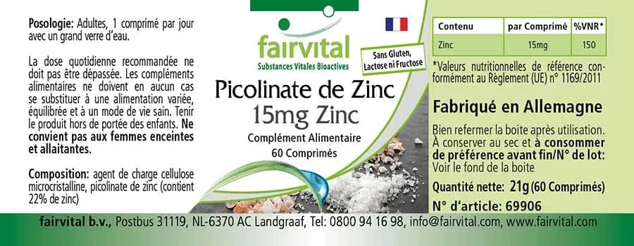 Zinkpicolinat mit 15mg Zink - 60 Tabletten - für Immunsystem, Sehkraft, Haare, Haut - Vegan | Fairvital