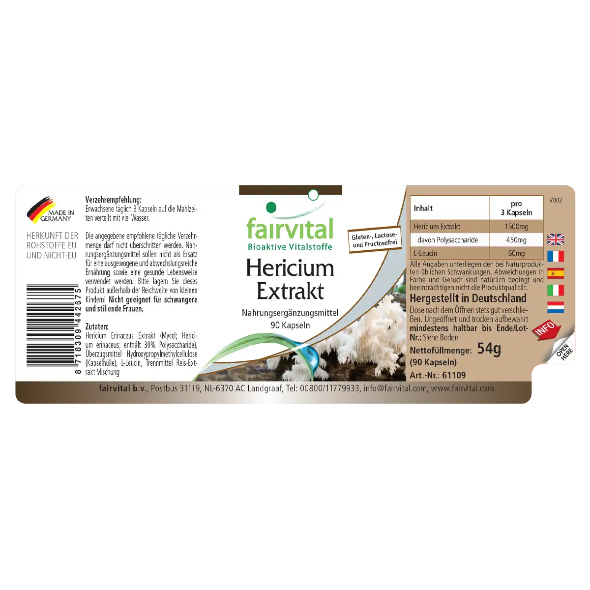 Hericium Extrakt 500mg  - 90 Kapseln - Hericium erinaceus (Igelstachelbart) - 30% Polysaccharide - Vegan | Fairvital