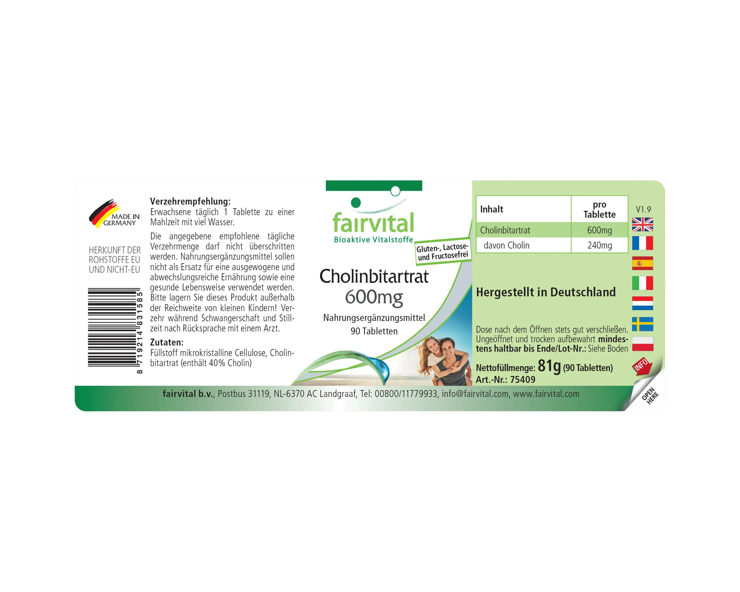 Cholinbitartrat 600mg - 90 Tabletten - für Leberfunktion, Fettstoffwechsel uvm.  - Vegan | Fairvital