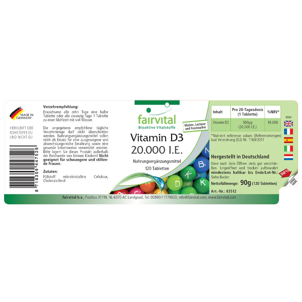 Vitamin D3 20000 I.E. - 120 Tabletten - für Immunsystem, Zellteilung uvm. | Fairvital