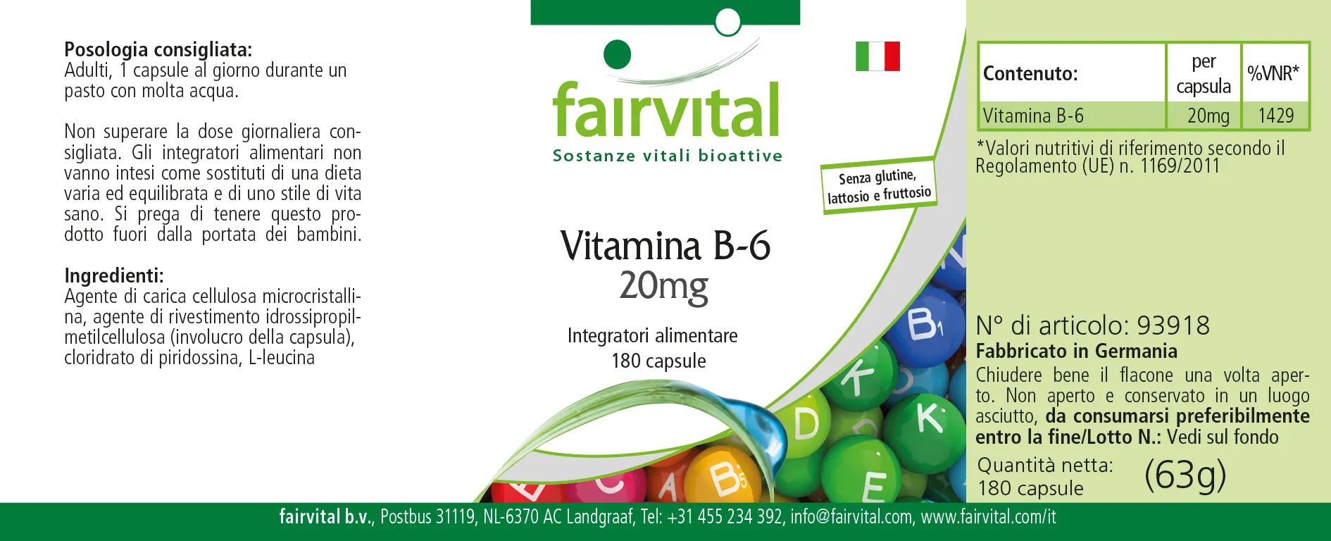 Vitamin B-6 20mg-180 Kapseln-Pyridoxinhydrochlorid-Hochdosiert & Vegan | Fairvital