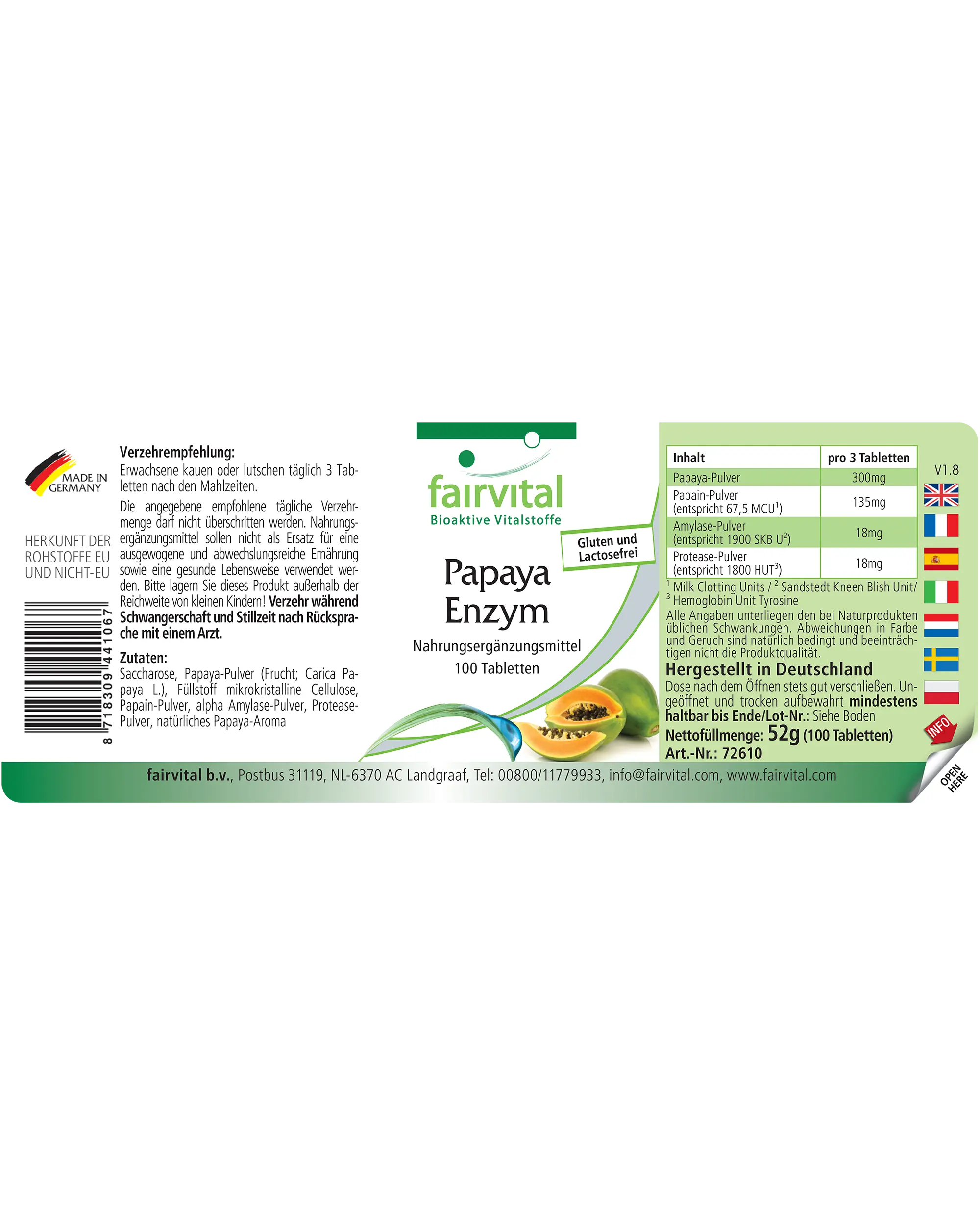 Papaya Enzym - 100 Tabletten - mit Papain, Amylase und Protease - Hochdosiert und Vegan | Fairvital