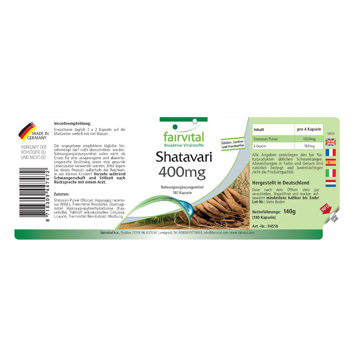 Shatavari 400mg - 180 Kapseln - Indischer Spargel - Vegan | Fairvital