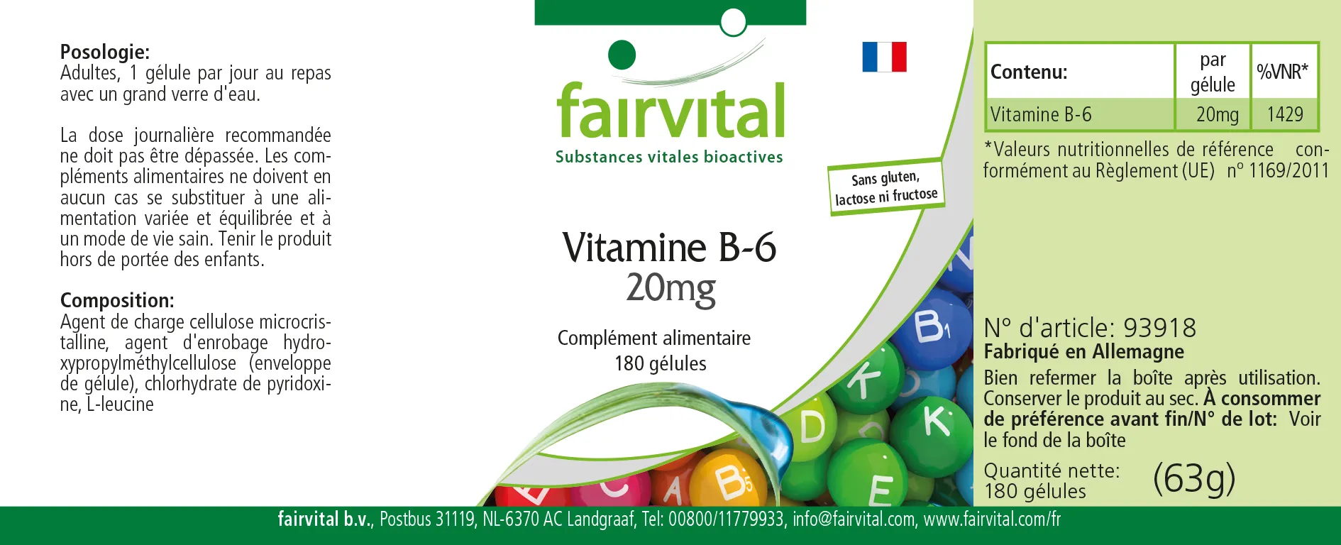 Vitamin B-6 20mg-180 Kapseln-Pyridoxinhydrochlorid-Hochdosiert & Vegan | Fairvital