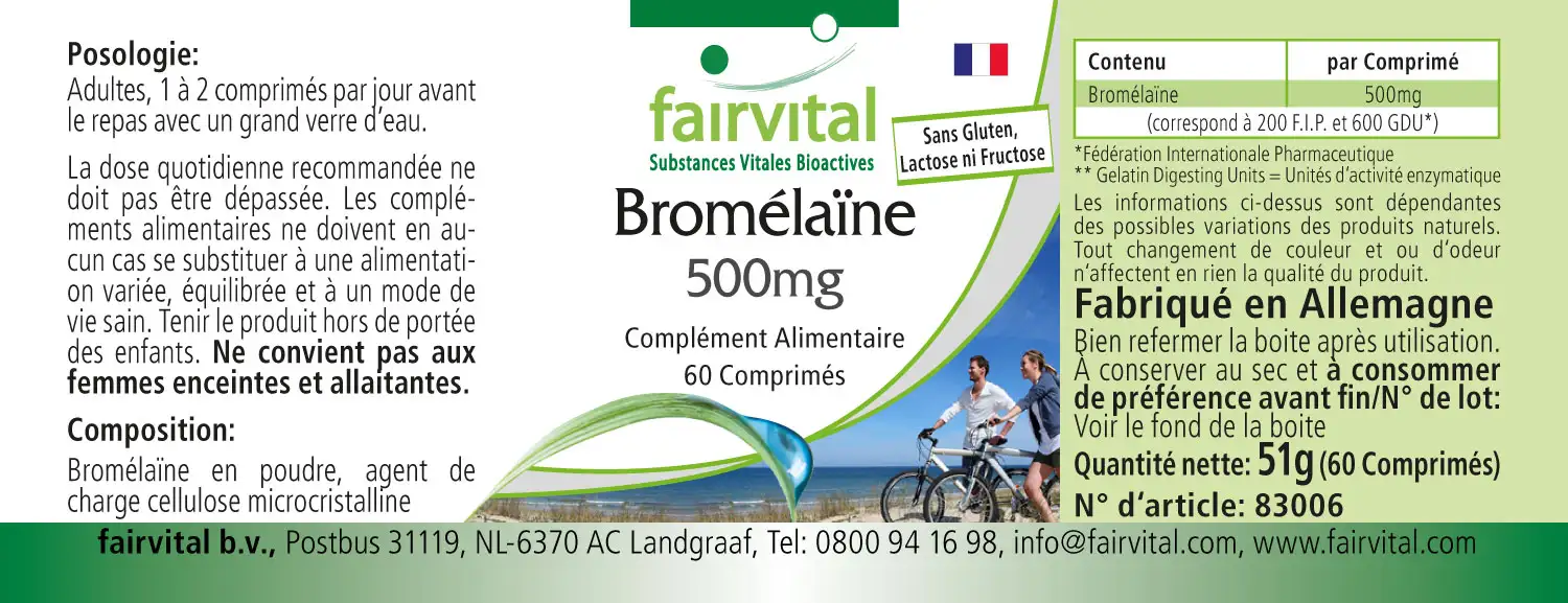 Bromelain 500mg  - 60 Tabletten - 1000mg pro Tagesdosis - 600 F.I.P. - Ananasenzym - Vegan | Fairvital