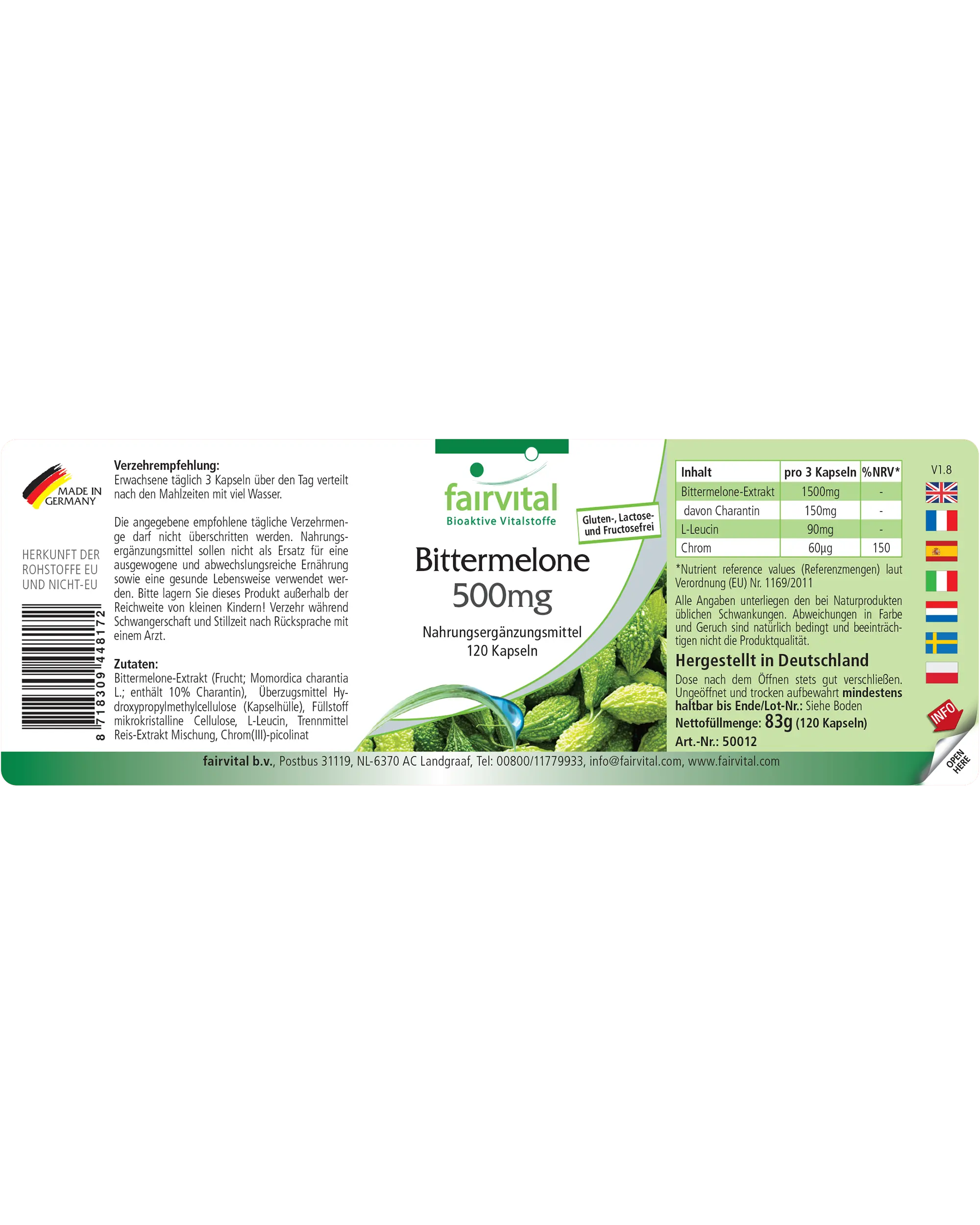 Bittermelone 500mg - mit Chrom - für Blutzuckerspiegel - 120 Kapseln - Hochdosiert und Vegan | Fairvital