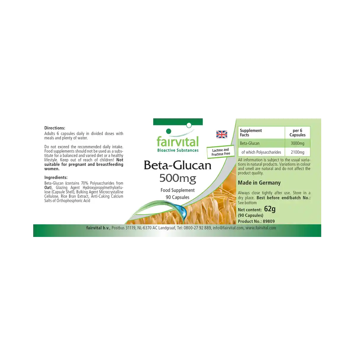 Beta-Glucan 500mg - 90 Kapseln - 70% Polysaccharide aus Hafer - Hochdosiert und Vegan | Fairvital