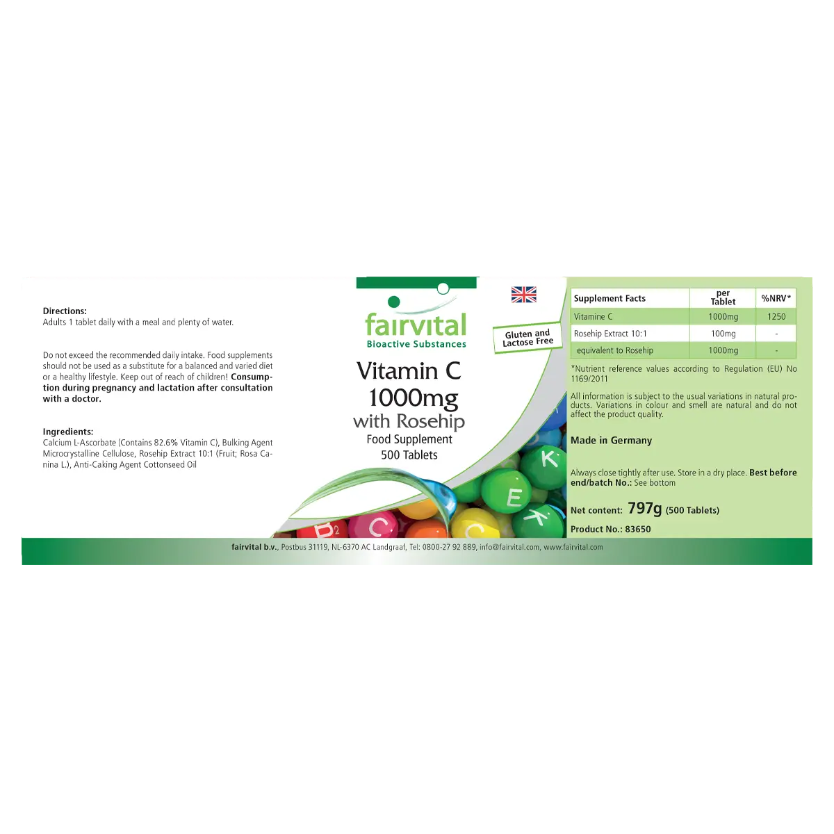 Vitamin C 1000mg mit Hagebutte - 500 Tabletten - für Immunsystem, Kollagenbildung uvm. | Fairvital