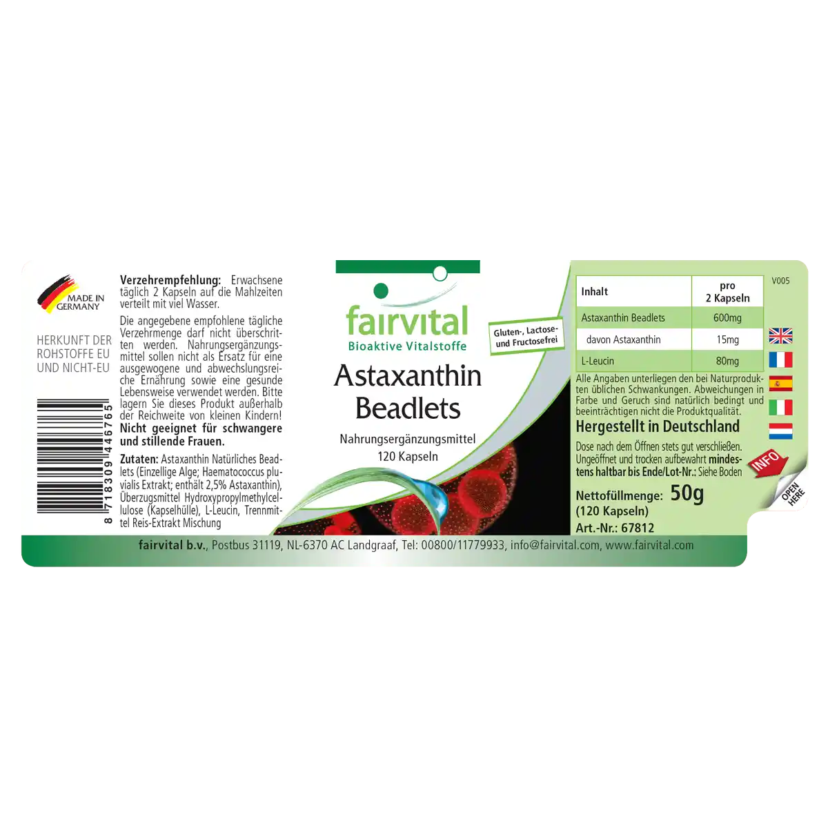 Astaxanthin Beadlets mikroverkapselt - 120 Kapseln - Hochdosiert und Vegan | Fairvital