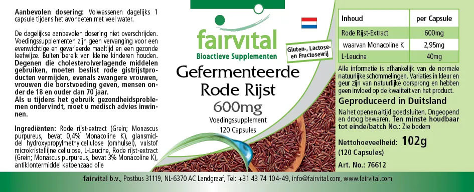 Fermentierter Roter Reis 600mg - 120 Kapseln - Monascus purpureus - mit Monacolin K - Vegan | Fairvital