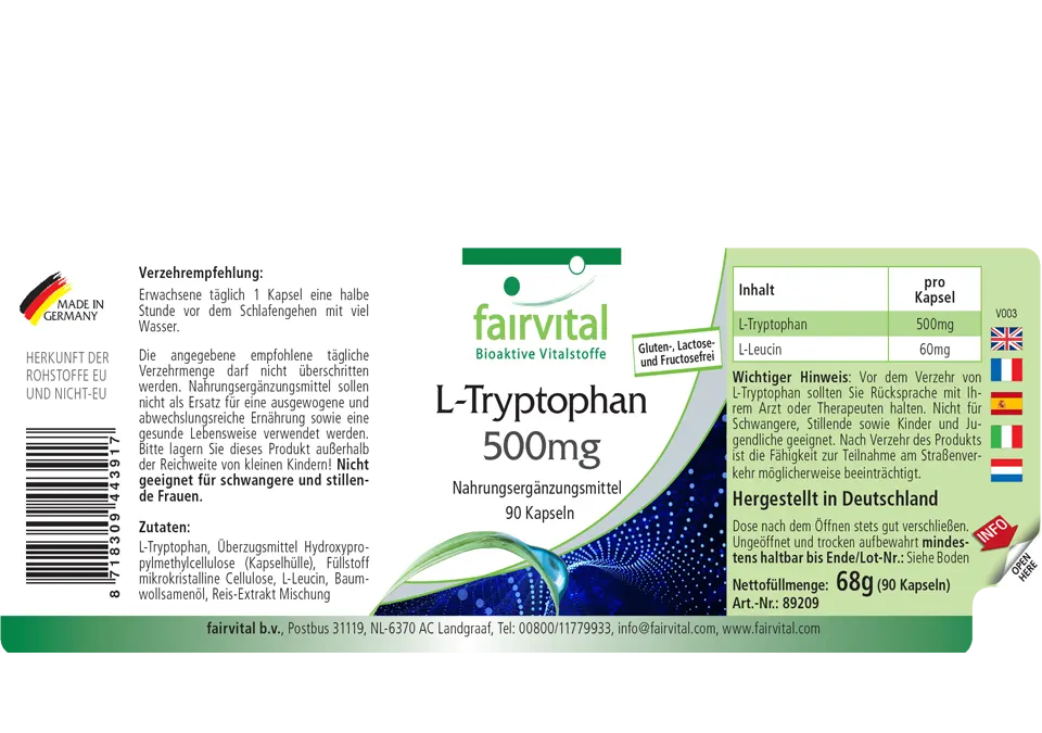 L-Tryptophan 500mg - 90 Kapseln - essentielle Aminosäure - Hochdosiert und Vegan | Fairvital