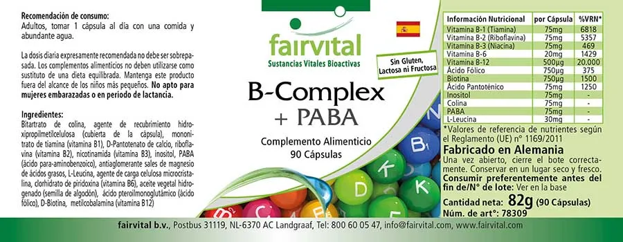 B-Komplex mit PABA - 90 Kapseln - mit allen B-Vitaminen (B6, B12,...) - für Immunsystem, Haut uvm. | Fairvital