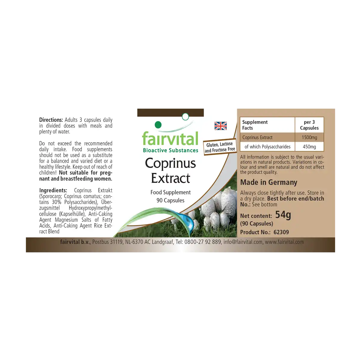 Coprinus Extrakt 500mg - 90 Kapseln - Schopftintling Kapseln - Coprinus comatus (Spargelpilz) - 30% Polysaccharide| Fairvital