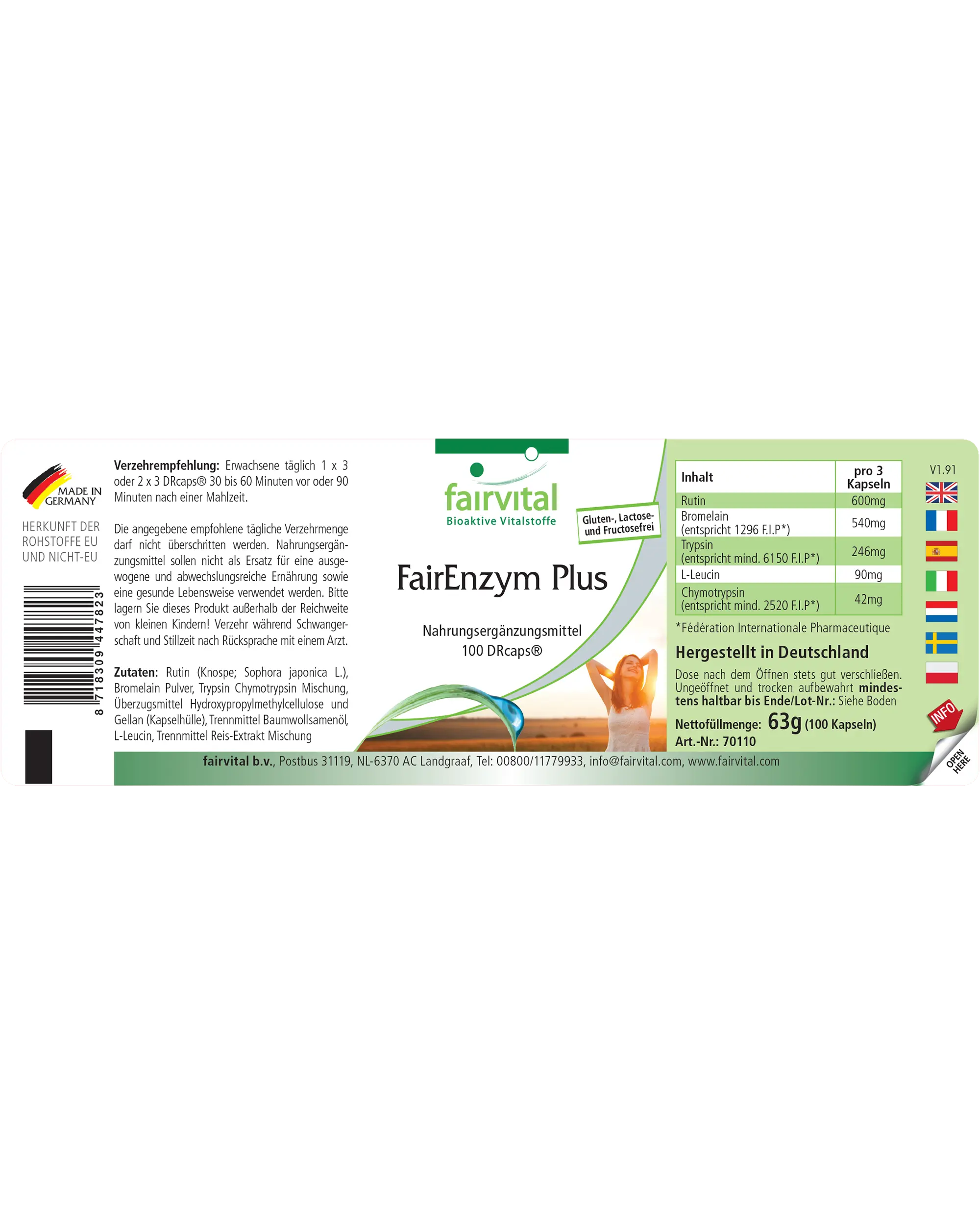 FairEnzym Plus - 100 DRCaps™ - Multi Enzym Komplex - mit Rutosid, Bromelain, Trypsin & Chymotrypsin - Hochdosiert | Fairvital