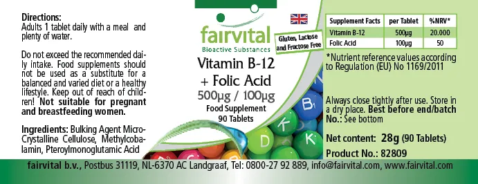 Vitamin B-12 + Folsäure 500µg / 100µg -  90 Tabletten - für Immunsystem, gegen Müdigkeit uvm. | Fairvital