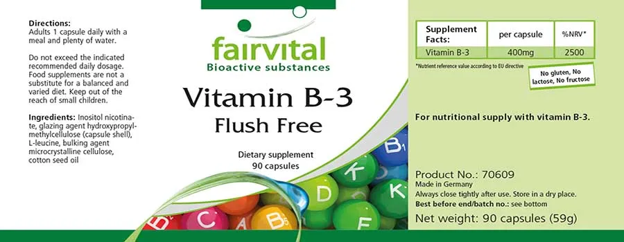 Vitamin B-3 Flush Free - 90 Kapseln - für Haut, Nervensystem, Energiestoffwechsel uvm. - Vegan | Fairvital