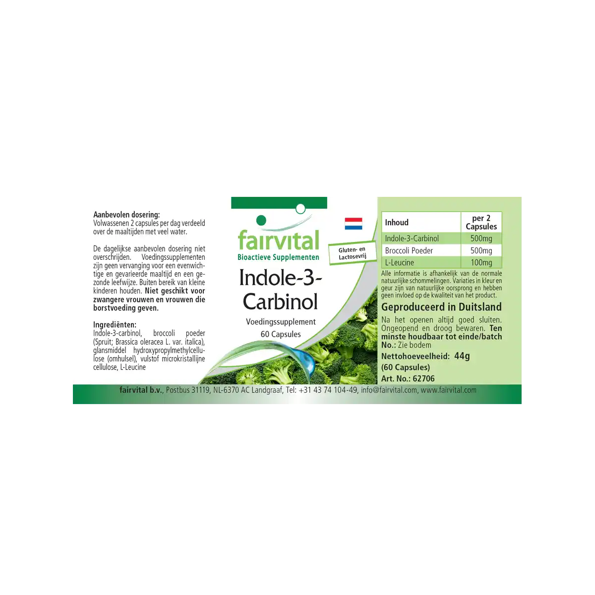 Indol-3-Carbinol - 60 Kapseln - I3C Kapseln mit Brokkoli-Pulver - Hochdosiert und Vegan | Fairvital