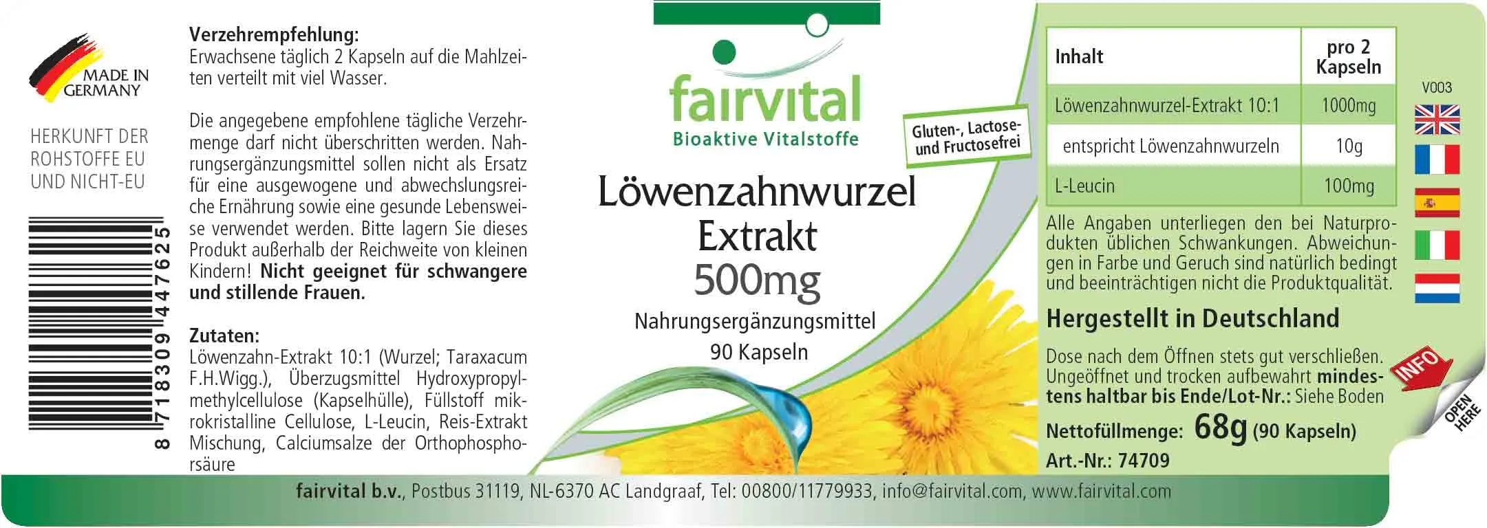 Löwenzahnwurzel-Extrakt 500mg - 90 Kapseln - 10-fach konzentriert - Hochdosiert und Vegan | Fairvital