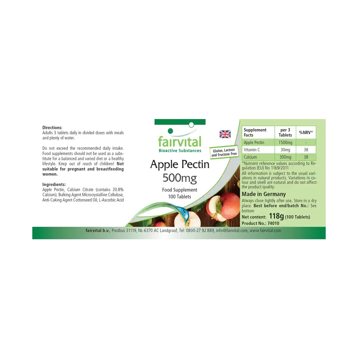 Apfelpektin 500mg - 100 Tabletten - mit Vitamin C, Calcium - für Knochen, Immunsystem uvm. - Vegan | Fairvital