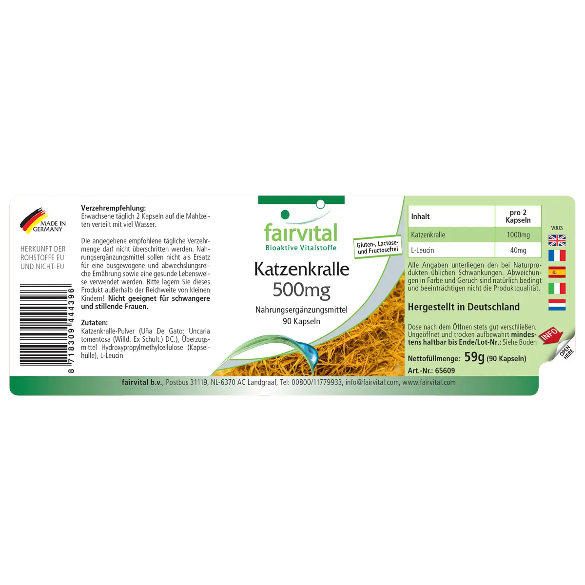Katzenkralle 500mg - 90 Kapseln - Cat's Claw 500mg - Uña de Gato (Uncaria tomentosa) - Hochdosiert und Vegan | Fairvital