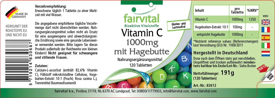 Vitamin C 1000mg mit Hagebutte - 120 Tabletten - für Immunsystem, Kollagenbildung uvm. | Fairvital