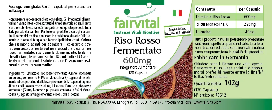 Fermentierter Roter Reis 600mg - 120 Kapseln - Monascus purpureus - mit Monacolin K - Vegan | Fairvital
