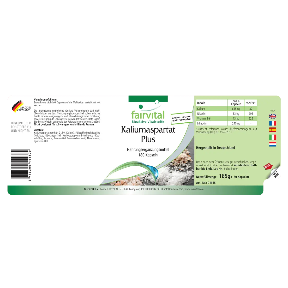 Kaliumaspartat Plus - 180 Kapseln - mit Vitamin B3 Niacin & Vitamin B6 - für Musklen, Immunsystem und Blutdruck | Fairvital