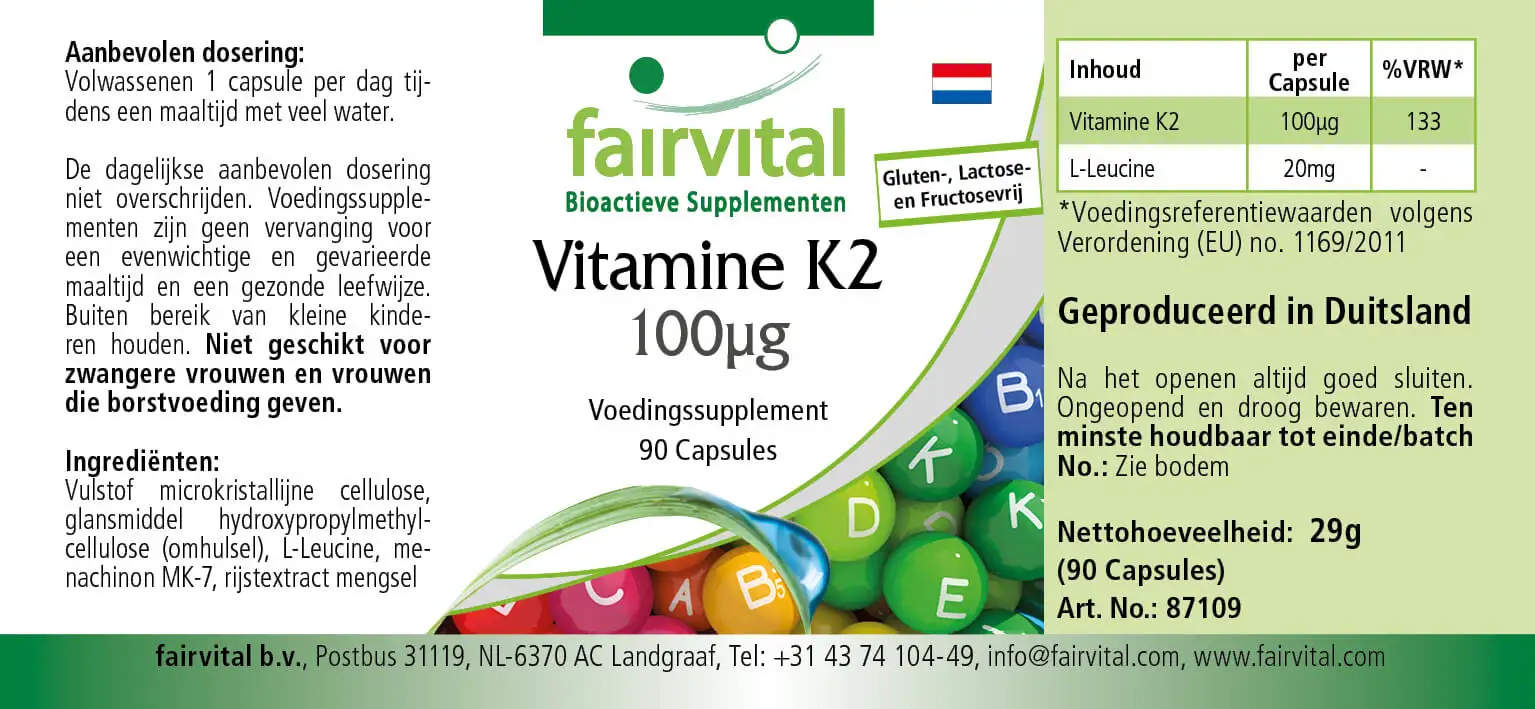 Vitamin K2 100µg - 90 Kapseln - für Knochen und Blutgerinnung - Vegan | Fairvital