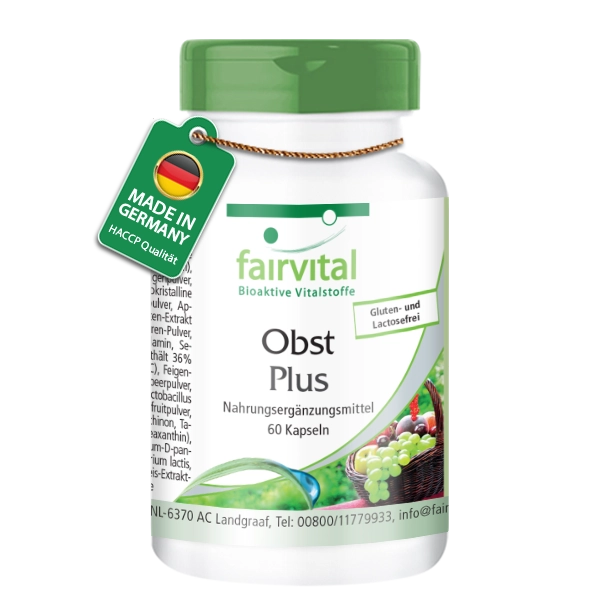 Obst Plus - 60 Kapseln - mit Zink, Vitamin B12, Selen uvm. - für Immunsystem, Zellschutz uvm. - Vegan | Fairvital
