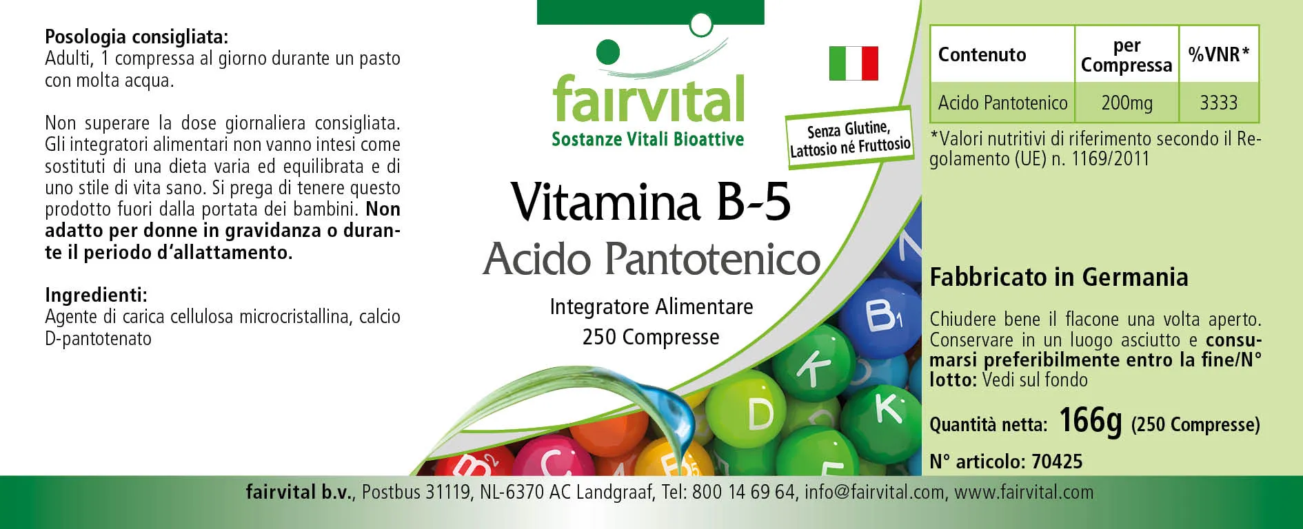 Vitamin B-5 Pantothensäure 200mg - 250 Tabletten - für geistige Leistung, Energiestoffwechsel uvm. - Vegan | Fairvital