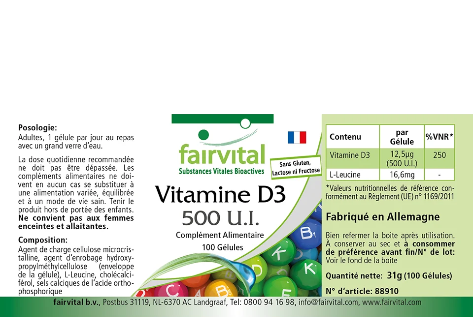 Vitamin D3 500 I.E. - 100 Kapseln - für Immunsystem, Knochen, Muskelfunktion uvm. | Fairvital